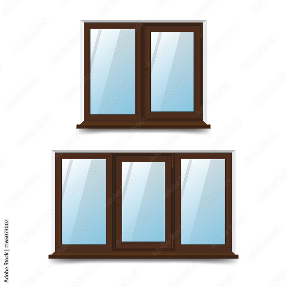 Vector illustration of a rectangular two-leaf and three-winged plastic windows. The design of the windows is swinging Vector illustration of a rectangular two-leaf and three-winged plastic windows. The design of the windows is swinging
