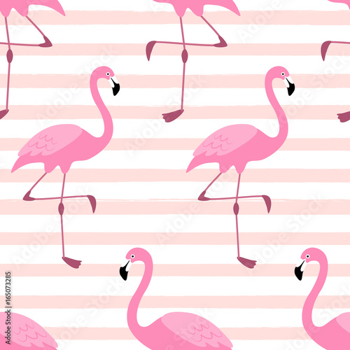 Cute exotic tropical seamless background with cartoon characters of pink flamingos