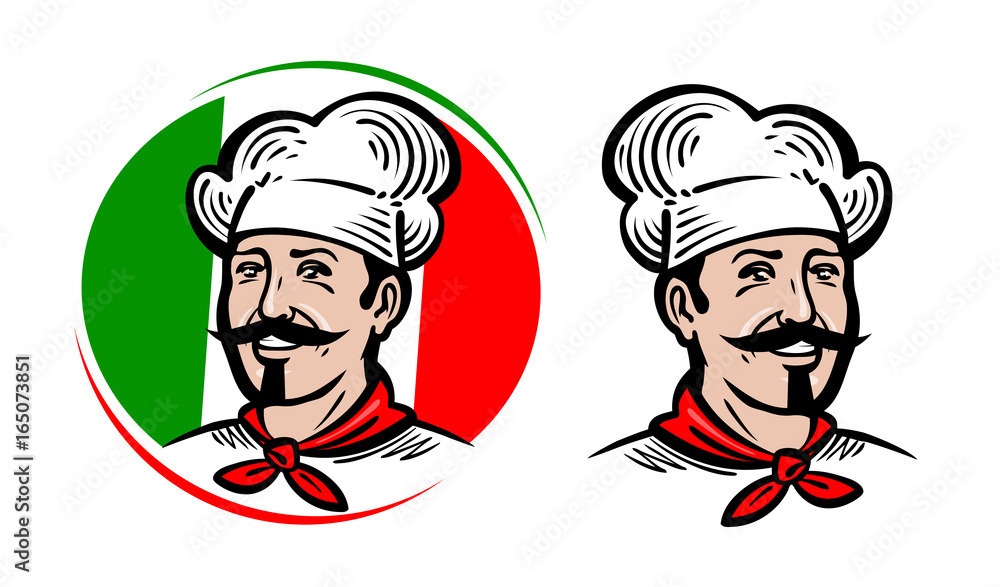 Chef, logo. Italian food, pizza, restaurant, menu label. Cartoon vector illustration Chef, logo. Italian food, pizza, restaurant, menu label. Cartoon vector illustration