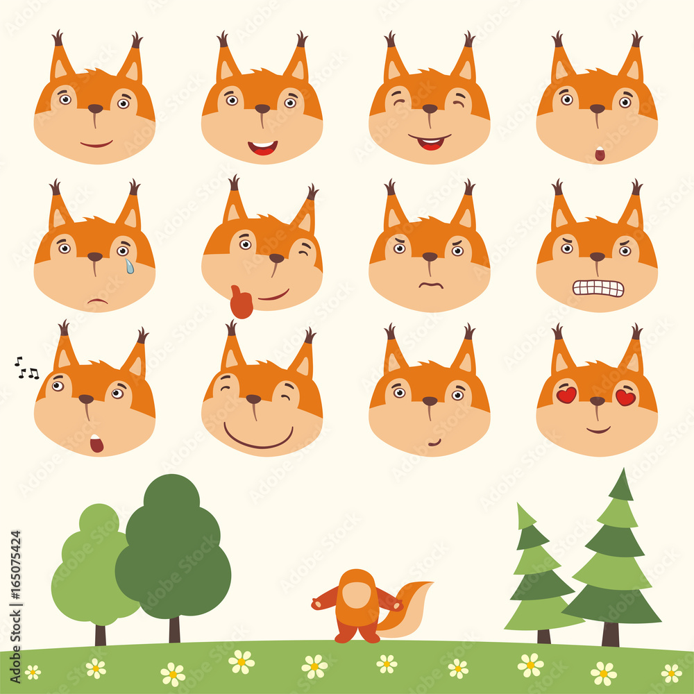 Emoticons set face of squirrel in cartoon style. Collection isolated heads of squirrel in different emotion and body on meadow with trees. Emoticons set face of squirrel in cartoon style. Collection isolated heads of squirrel in different emotion and body on meadow with trees.