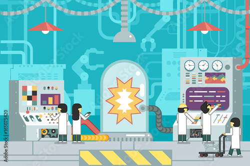 scientific laboratory experiment experience scientists work control panel analysis production development study technology business flat design concept illustration