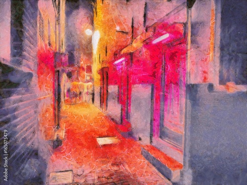 Canvas Print View of the red light district at night in Amsterdam
