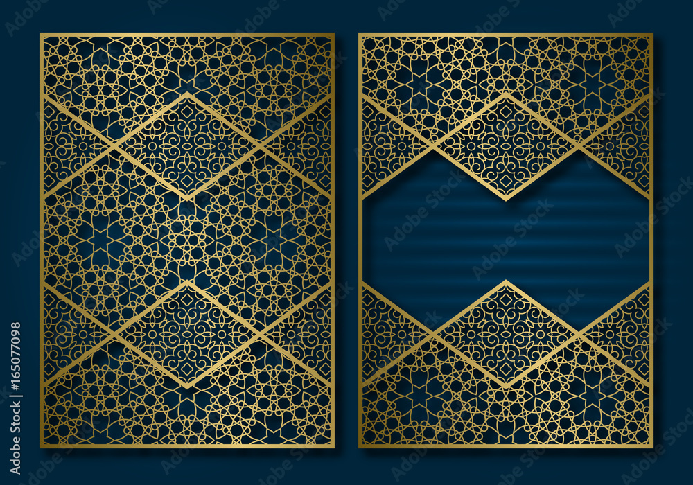 Fototapeta premium Golden vintage book cover template. Face and back of booklet design.