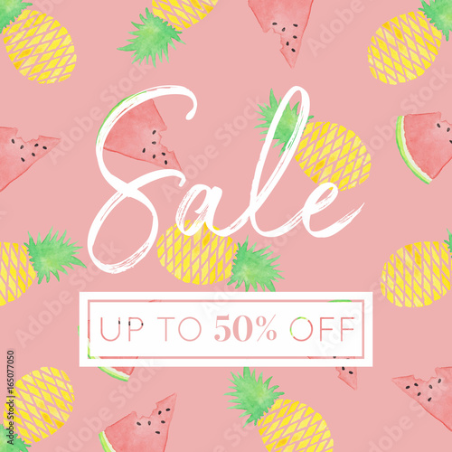 Pineapples and Watermelon Slices - Watercolor Sale Banner Background