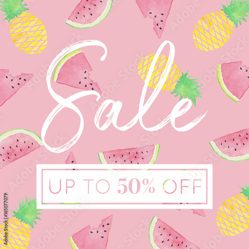 Pineapples and Watermelon Slices - Watercolor Sale Banner Pink