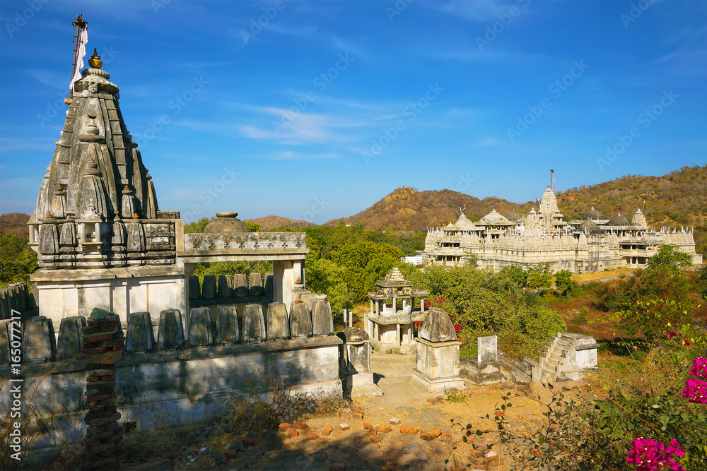 Ranakpur Jain Temple view from the hill with old hindu cenotaphs, Ranakpur city, Rajasthan, India, Asia.
