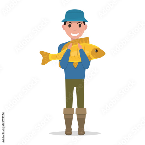 Vector cartoon fisherman holding a fish
