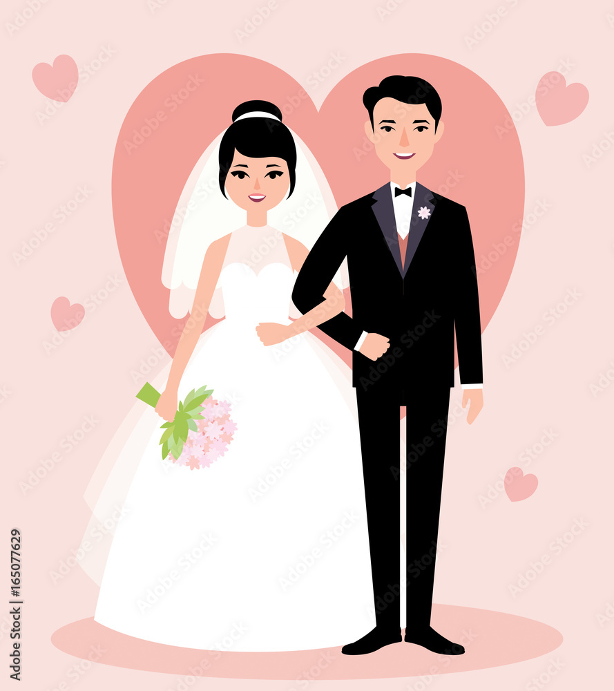 Newlywed couple in love bride and groom in full growth in a flat style Newlywed couple in love bride and groom in full growth in a flat style