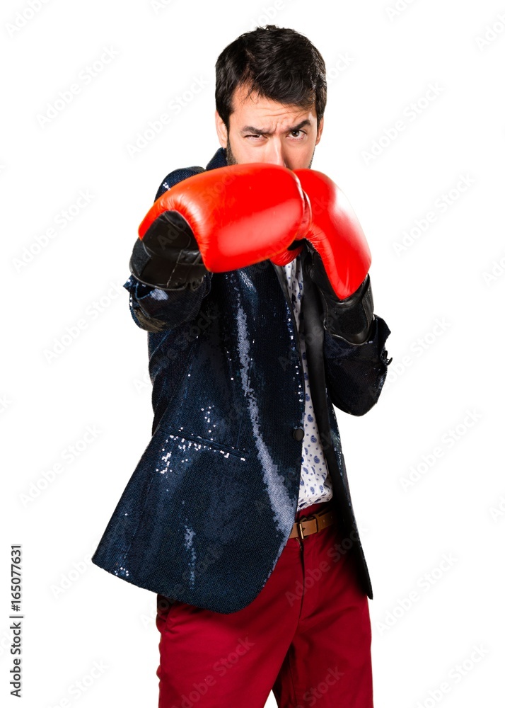 Man with jacket with boxing gloves Man with jacket with boxing gloves