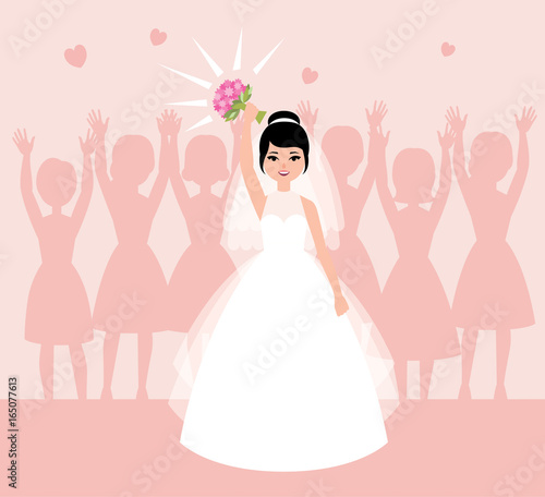 Bride in white wedding dress throws flowers into the hands of Bridesmaids.