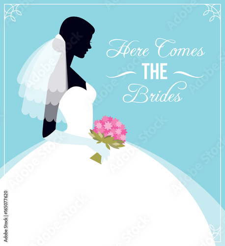 Here comes the bride. Template flyer for the wedding party or bachelorette party. Silhouette of bride in wedding dress and veil with bouquet in hand.
