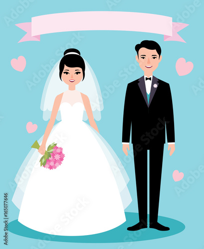 Stock vector cartoon illustration in a flat style happy couple newly married husband and wife.