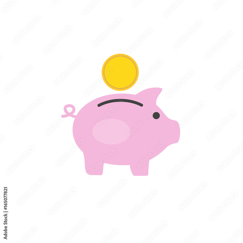 Money box pig with ni sign in coin inserting in it. Flat style icon. Vector illustration Money box pig with ni sign in coin inserting in it. Flat style icon. Vector illustration