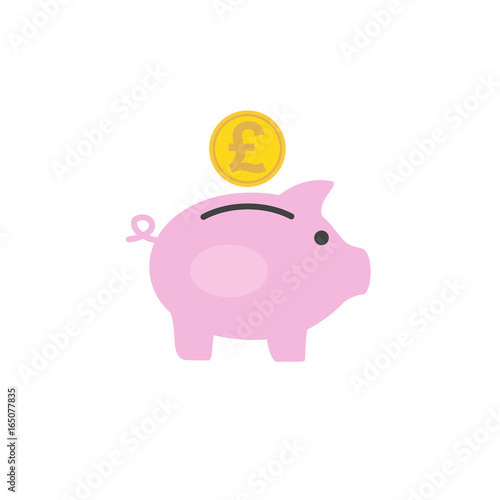 Money box pig with pound coin inserting in it. Flat style icon. Vector illustration