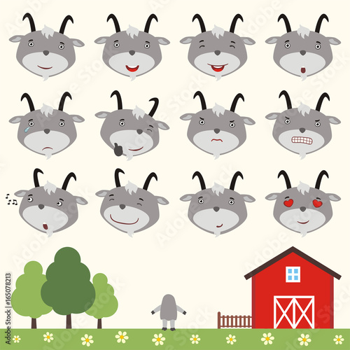 Emoticons set face of goat in cartoon style. Collection isolated heads of goat in different emotion and body on meadow with trees.