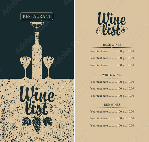 Vector wine list menu with bottle, two glasses, grapevine and price list. Calligraphic inscription wine list