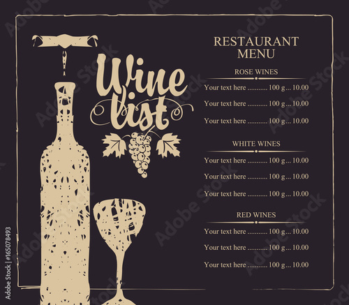 Vector wine list menu with bottle, glass, bunch of grape and price list. Calligraphic inscription wine list. Drawing with chalk on blackboard