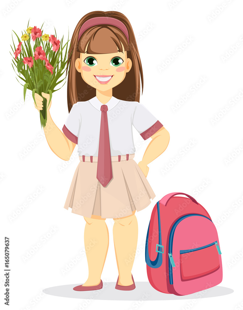 Schoolgirl with backpack and bouquet of flowers. Coming back to school. Cute smiling girl. Cartoon character. Vector illustration. Schoolgirl with backpack and bouquet of flowers. Coming back to school. Cute smiling girl. Cartoon character. Vector illustration.