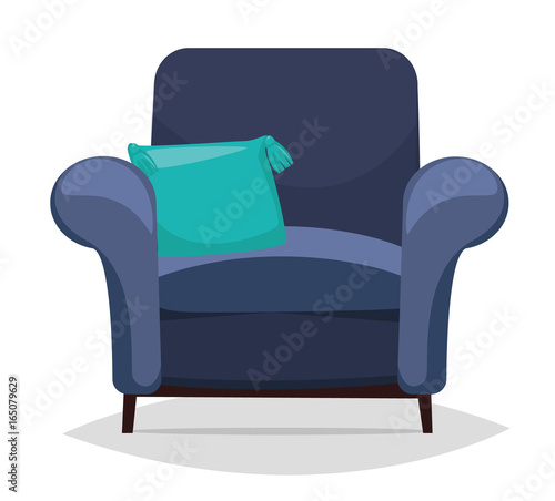 Blue armchair and pillow. Vector illustration isolated on white background.