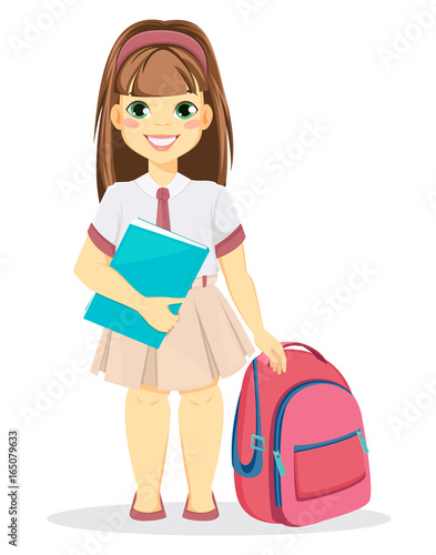 Schoolgirl with backpack and textbook. Coming back to school. Cute smiling girl. Cartoon character. Vector illustration.