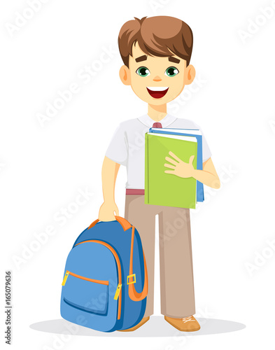 Schoolboy with backpack and textbook. Coming back to school. Cute smiling boy. Cartoon character. Vector illustration.