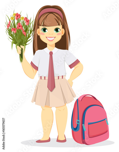 Schoolgirl with backpack and bouquet of flowers. Coming back to school. Cute smiling girl. Cartoon character. Vector illustration.