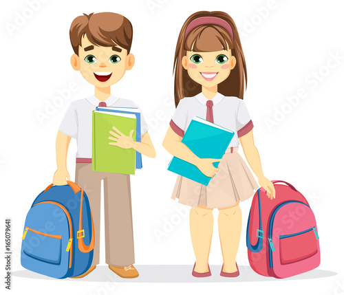 Schoolboy and schoolgirl with backpack and textbooks. Coming back to school. Cute smiling boy and girl. Cartoon characters. Vector illustration.