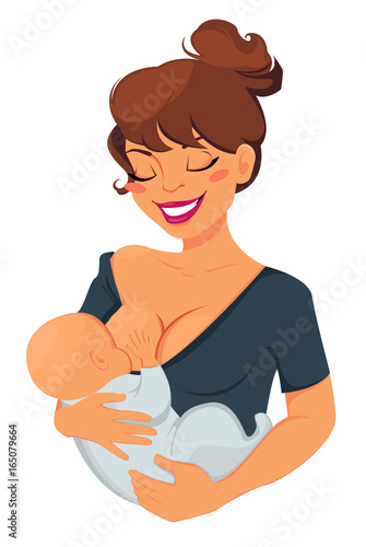 Woman breastfeeding newborn baby. Mother holding her child and smiling. Vector illustration.