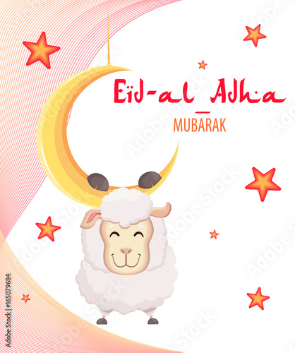 Festival of sacrifice Eid-Al-Adha. Eid Mubarak. Goat hanging on the moon. Vector illustration on abstract background