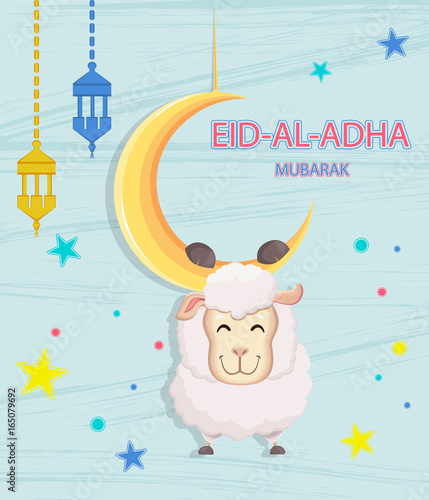 Festival of sacrifice Eid-Al-Adha. Eid Mubarak. Goat hanging on the moon. Vector illustration on abstract blue background