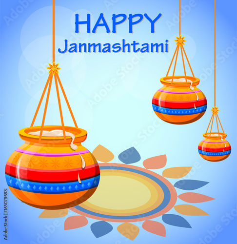 Happy Krishna Janmashtami. Pots with butter on beautiful background. Vector illustration.