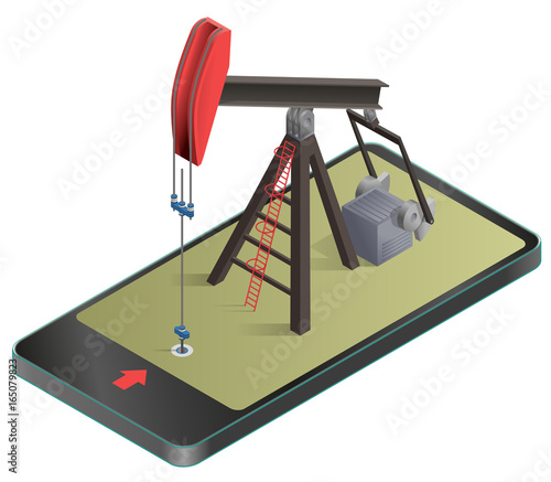 Vector oil extraction pump in mobile phone in isometric perspective. Oil well industry production, oilfield equipment in communication technology, paraphrase. Isolated illustration on white background