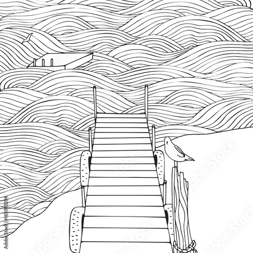 Old wooden pier. Seascape. Coloring book page for adult. Waves, sea, art background. Black and white.