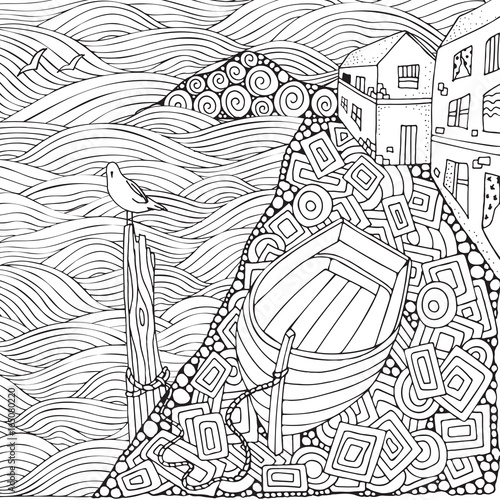 Seaside promenade. Wooden boat lying on the shore. Adult coloring book page in zentangle style. Black and white. Doodle. Vector.