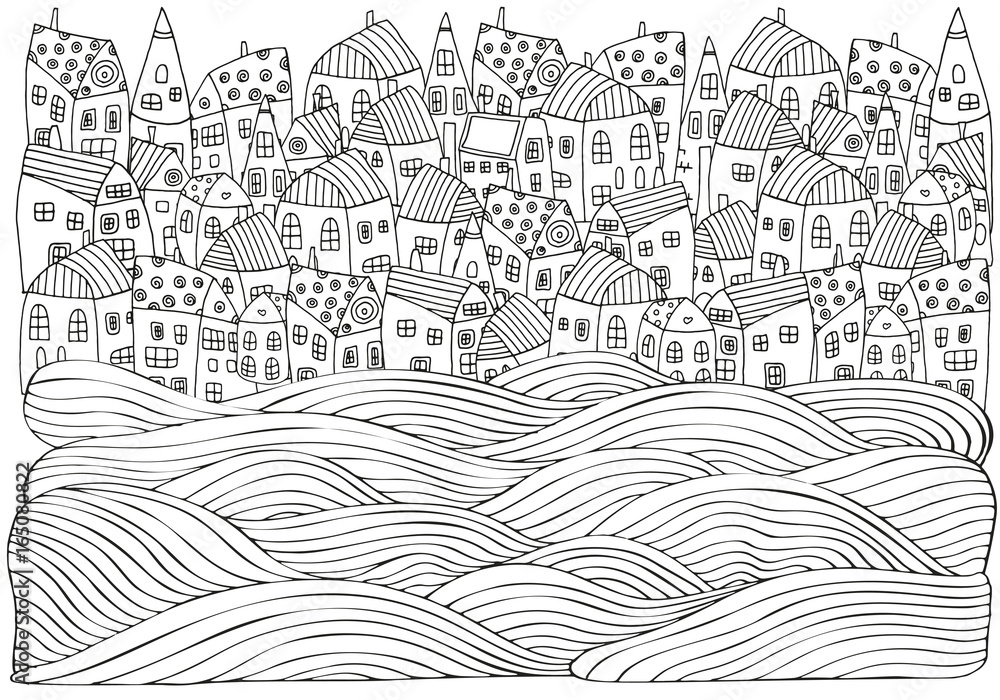 Sea Waves and houses. Seaside, homes, boat, sea, art background. Hand-drawn doodle vector. Black and white pattern for adult coloring book.