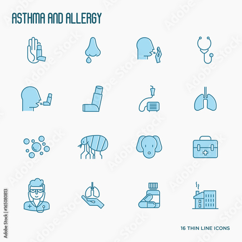 Asthma and allergy thin line icons set with allergy symptoms and the most common allergens. Asthma inhaler. Vector illustration.
