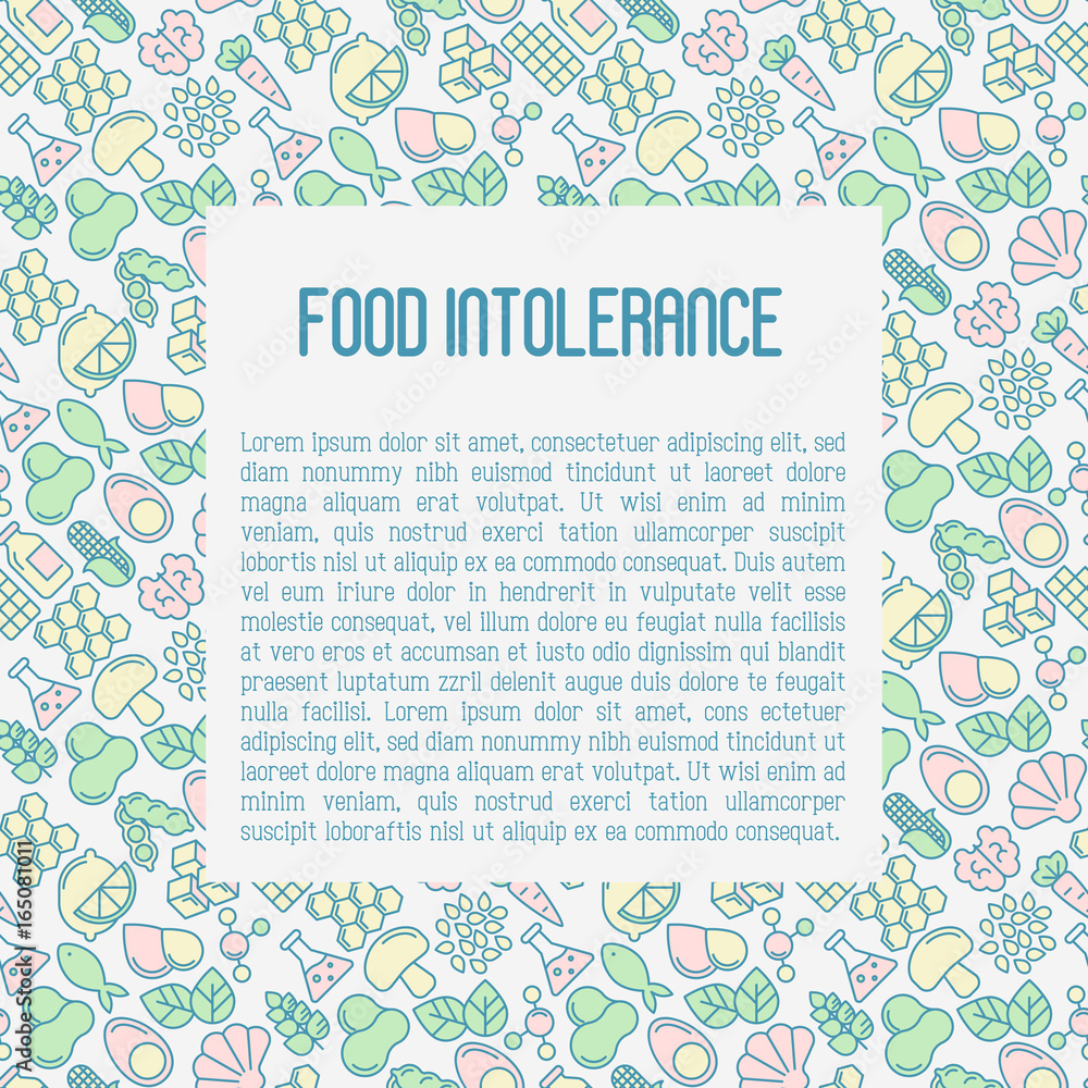 Food intolerance concept with thin line icons of common allergens (gluten, lactose, soy, corn and more), sugar and trans fat, vegetarian and organic symbols. Vector illustration. Food intolerance concept with thin line icons of common allergens (gluten, lactose, soy, corn and more), sugar and trans fat, vegetarian and organic symbols. Vector illustration.