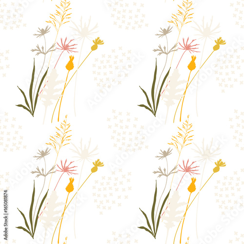 Floral vector seamless pattern with cornflowers, thistles and grasses.