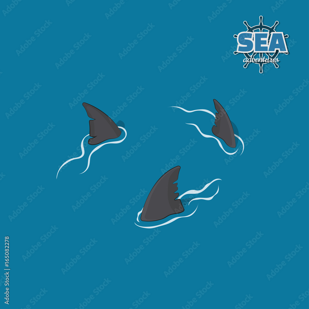 Naklejka premium Shark fins on a blue background. Danger fish in isometric style. 3d illustration. Pirate game. Vector illustration 