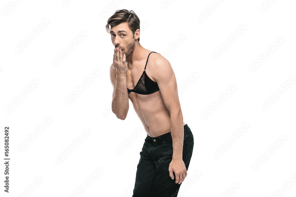 young handsome homosexual man wearing womens bra, isolated on white Stock  Photo | Adobe Stock