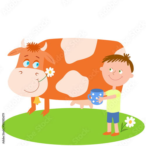 Little boy with blue cup and red cow