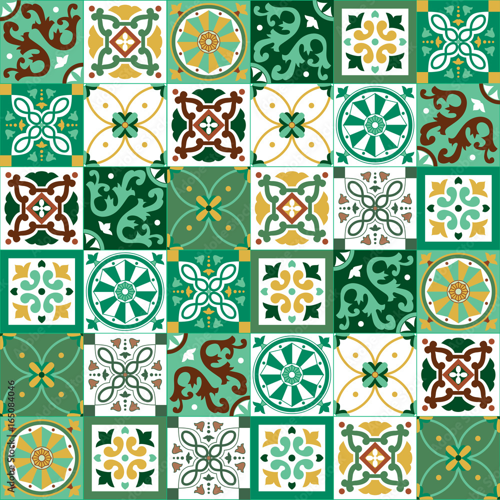 Portuguese traditional ornate azulejo, different types of tiles 6x6, seamless vector pattern in yellow, green and white colors