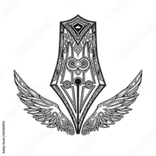 Beautiful emblem with old pen and wings. Good openwork sign or logo for writers, bloggers, journalists. Can be used like idea for tattoo.
