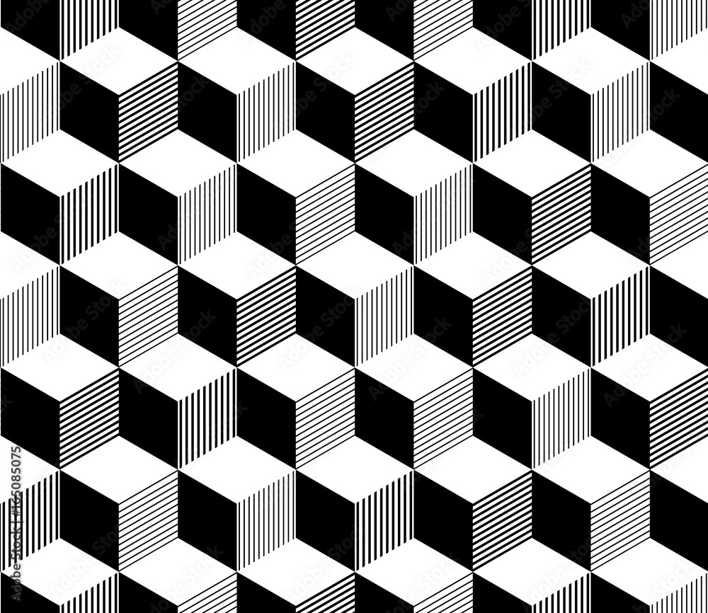 Abstract 3d striped cubes geometric seamless pattern in black and white, vector