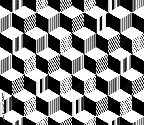 Abstract 3d striped cubes geometric seamless pattern in black and white, vector