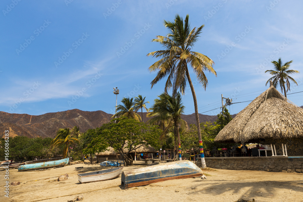 Boats and Palm Trees in beach by the village of Taganga in the Caribbean Coast of Colombia, South America