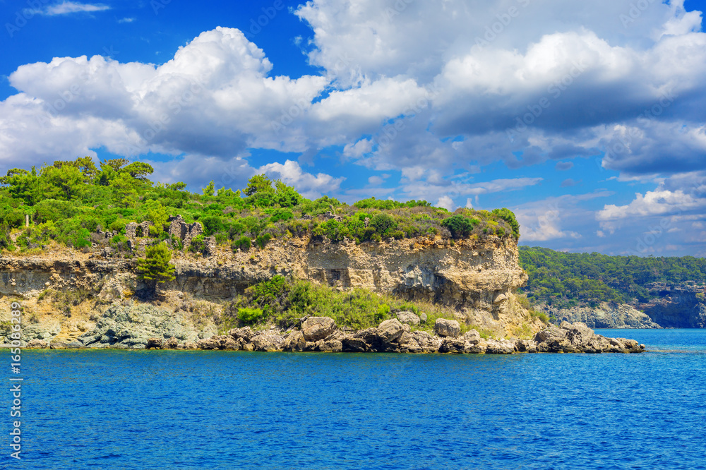 View from the sea to the Phaselis near the town of Kemer.