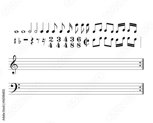 Set of music symbols and signs for musical notation