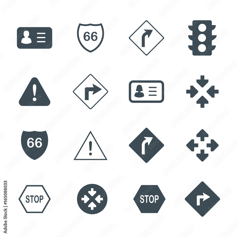 Traffic, driving and road icons set. Flat vector signs and symbols.