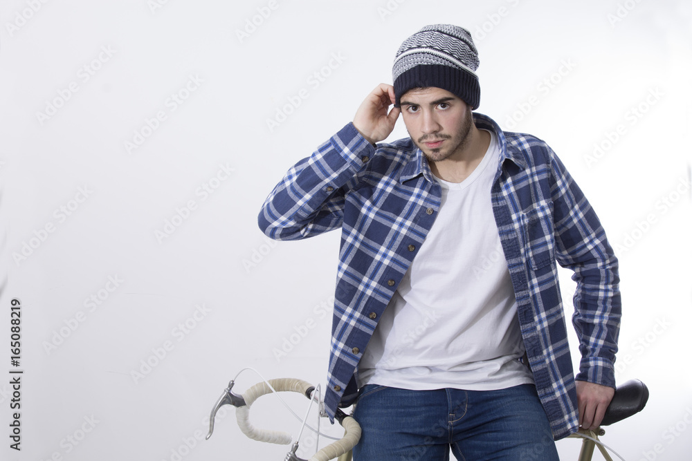 Man hipster sitting on the bicycle Man hipster sitting on the bicycle